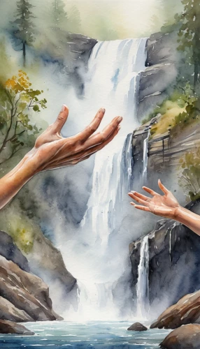 hand digital painting,water fall,waterfall,waterfalls,wasserfall,falls,baptism of christ,brown waterfall,cascading,ash falls,water falls,reflexology,bridal veil fall,romantic scene,mountain spring,washing hands,the hands embrace,landscape background,climbing hands,hand washing,Illustration,Paper based,Paper Based 24