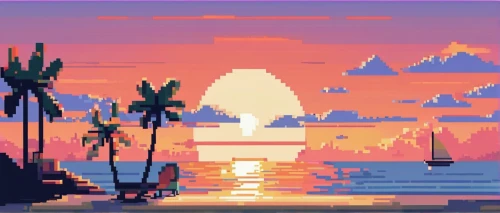 coast sunset,pixel art,dusk,honolulu,tropics,ocean,island,sunset,dusk background,horizon,lagoon,sailboat,acapulco,retro styled,tropical island,an island far away landscape,tropical sea,retro background,sailboats,palmtrees,Unique,Pixel,Pixel 01