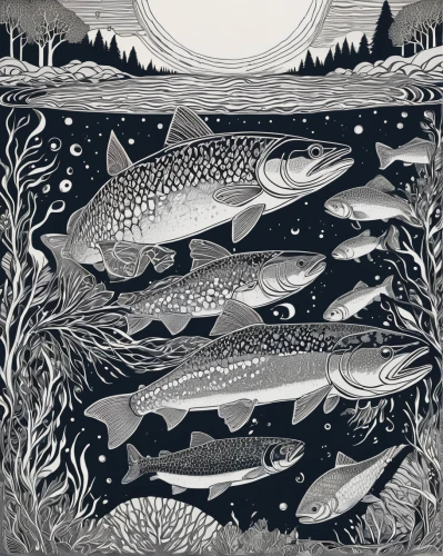 forage fish,capelin,sardine,sardines,forest fish,fish collage,fishes,trout breeding,school of fish,fish herring,wild salmon,freshwater fish,fjord trout,soused herring,book illustration,fish farm,mackerel,northern pike,fish in water,arctic char,Illustration,Black and White,Black and White 19