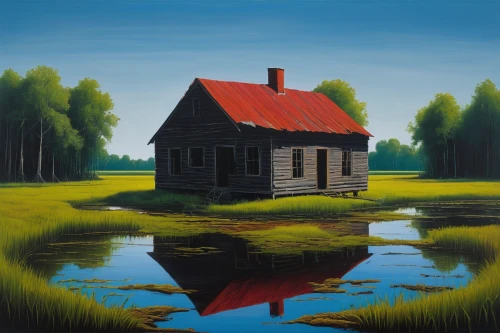 summer cottage,house with lake,home landscape,cottage,lonely house,fisherman's house,boathouse,rural landscape,house painting,red barn,little house,danish house,house in the forest,salt meadow landscape,marsh,boat house,farm house,farmhouse,small house,tidal marsh,Art,Artistic Painting,Artistic Painting 26