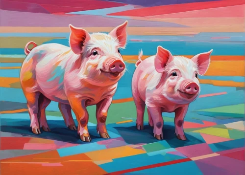 teacup pigs,piglets,bay of pigs,piglet barn,pig's trotters,pigs,domestic pig,livestock,pig,vegan icons,pot-bellied pig,farm animals,oil painting on canvas,whimsical animals,carol colman,checkered background,pigs in blankets,pink squares,anthropomorphized animals,lardon,Illustration,Vector,Vector 07