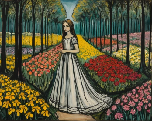 girl in the garden,girl in flowers,girl picking flowers,field of flowers,tulip field,flower garden,david bates,tulip fields,tulip festival,daffodil field,flower field,flowers field,tulips field,girl in a long dress,lilly of the valley,blooming field,daffodils,jonquils,jonquil,secret garden of venus,Art,Artistic Painting,Artistic Painting 01