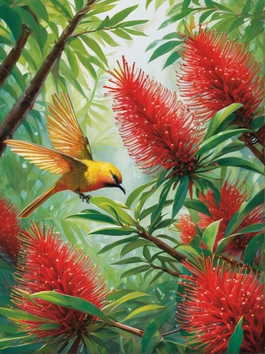 tropical bird climber,flower and bird illustration,tropical birds,hummingbirds,bird painting,tropical bird,kakariki parakeet,scarlet honeyeater,moluccan cockatoo,tropical bloom,australian bird,tasmannia,oceania,rainbow lorikeets,bird illustration,bird flower,caesalpinia,echidna,sunbird,tropical flowers,Conceptual Art,Daily,Daily 16