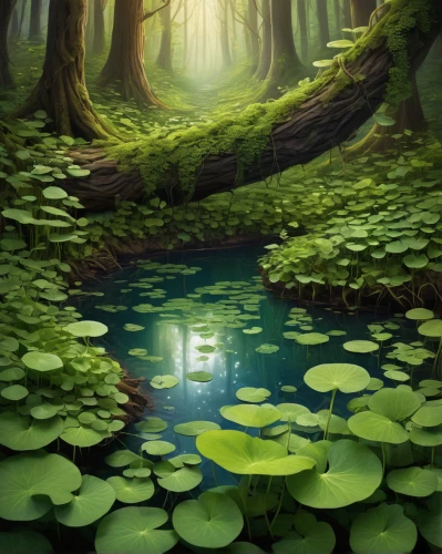 swampy landscape,green forest,swamp,aquatic plants,elven forest,fairy forest,forest floor,aaa,frog background,forest landscape,forest glade,wetland,lily pads,fairytale forest,aquatic plant,forest background,lily pad,forests,green landscape,forest,Illustration,Paper based,Paper Based 04