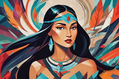 pocahontas,american indian,native american,the american indian,boho art,feather headdress,indian headdress,warrior woman,headdress,art deco woman,indigenous painting,shamanic,native,cherokee,vector illustration,amerindien,shamanism,priestess,first nation,vector art,Conceptual Art,Sci-Fi,Sci-Fi 06