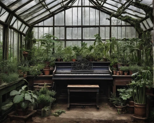 greenhouse,conservatory,greenhouse cover,pianos,palm house,grand piano,the piano,greenhouse effect,winter garden,leek greenhouse,the palm house,vintage botanical,garden of plants,dandelion hall,piano,indoor,secret garden of venus,exotic plants,tropical house,player piano,Illustration,Paper based,Paper Based 02