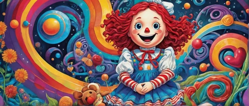 raggedy ann,pippi longstocking,children's background,pumuckl,alice in wonderland,red-haired,psychedelic art,ariel,candy pattern,redhead doll,jigsaw puzzle,wonderland,frutti di bosco,alice,dizzy,candy,circus,shirley temple,spiral background,blotter,Illustration,Realistic Fantasy,Realistic Fantasy 39