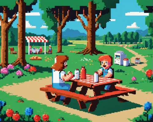 picnic,picnic basket,picnic table,retro diner,ice cream stand,gnomes at table,family picnic,pixel art,campsite,campground,adventure game,tavern,cartoon forest,barbecue area,picnic boat,game art,alpine restaurant,apple orchard,game illustration,beer garden,Unique,Pixel,Pixel 04