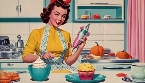 homemaker,retro 1950's clip art,domestic,woman holding pie,housewife,domestic life,baking tools,piping tips,girl in the kitchen,housework,vintage illustration,doll kitchen,cake decorating supply,woman eating apple,confectioner,cooking book cover,whisk,confection,maraschino,autumn chores,Conceptual Art,Sci-Fi,Sci-Fi 29