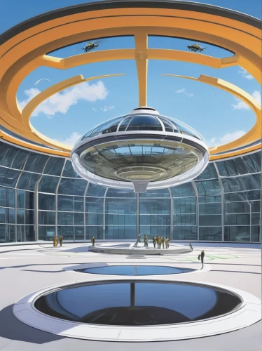 futuristic art museum,sky space concept,futuristic architecture,futuristic landscape,ufo interior,spaceship space,helipad,musical dome,solar cell base,alien ship,ufo,stargate,flying saucer,saucer,spaceship,panopticon,futuristic,ufos,planetarium,orrery,Art,Classical Oil Painting,Classical Oil Painting 23
