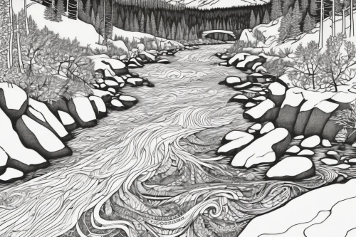 flowing creek,the brook,swampy landscape,snow drawing,brook landscape,snow bridge,mountain stream,stream bed,ice cave,streams,snow trail,braided river,ice landscape,crevasse,a river,ravine,hollow way,log bridge,hand-drawn illustration,underground lake,Illustration,Black and White,Black and White 11