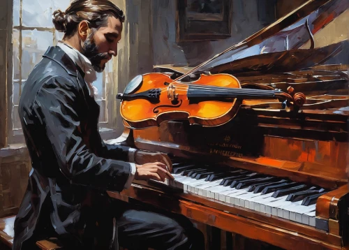 piano player,cellist,pianist,violinist,musician,concerto for piano,violin player,chopin,cello,grand piano,composer,musicians,violist,steinway,violone,the piano,instrument music,piano,concertmaster,composing,Conceptual Art,Oil color,Oil Color 09