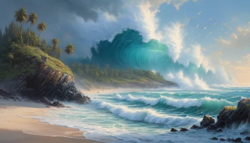 coastal landscape,fantasy landscape,cliffs ocean,sea landscape,beach landscape,ocean waves,seascape,ocean background,sea-shore,mountain beach,world digital painting,an island far away landscape,emerald sea,beach scenery,fantasy picture,landscape background,fantasy art,tropical sea,coastal and oceanic landforms,crashing waves,Conceptual Art,Fantasy,Fantasy 29