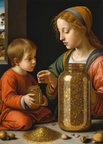 holy family,girl with bread-and-butter,candlemas,the annunciation,amaretti di saronno,mustard seed,nativity of jesus,raffaello da montelupo,grains of salt,girl with cereal bowl,gilding,italian painter,nativity of christ,mustard seeds,saint joseph,eucharistic,meticulous painting,nativity,gold bullion,eucharist,Art,Classical Oil Painting,Classical Oil Painting 19