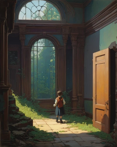 dandelion hall,violet evergarden,the threshold of the house,studio ghibli,study,threshold,church painting,classroom,the evening light,late afternoon,morning light,open door,girl studying,towards the garden,study room,ruins,backgrounds,sanctuary,the little girl's room,summer evening,Art,Classical Oil Painting,Classical Oil Painting 14