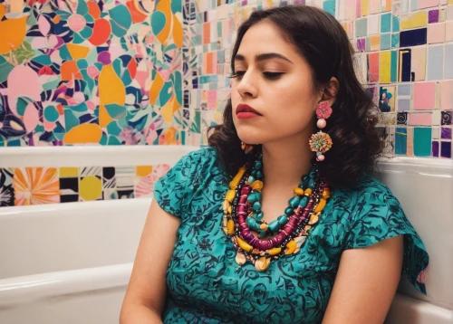 photo shoot in the bathroom,social,the girl in the bathtub,frida,vintage makeup,retro woman,bathtub,teal and orange,saturated colors,mexican,kamini kusum,contemplative,mehndi designs,tiles,colorful background,retro women,mexican culture,colorful floral,kamini,pooja,Illustration,Abstract Fantasy,Abstract Fantasy 08