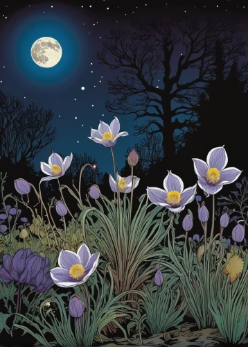 moonlight cactus,tommie crocus,night-blooming cactus,crocus flowers,moonlit night,jasmine-flowered nightshade,blue moon rose,moonflower,garden star of bethlehem,flower painting,spring equinox,flower illustrative,crocus,crocuses,carol colman,the night of kupala,spring crocus,illustration of the flowers,night-blooming jasmine,night scene,Illustration,Vector,Vector 02