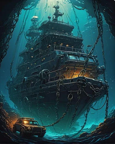 semi-submersible,shipwreck,deep sea,sunken ship,the wreck of the ship,submersible,sunken boat,the bottom of the sea,undersea,underwater playground,under the water,bottom of the sea,submerged,sci fiction illustration,underwater background,nautilus,deep sea nautilus,under sea,deep sea diving,ship wreck,Illustration,Realistic Fantasy,Realistic Fantasy 25