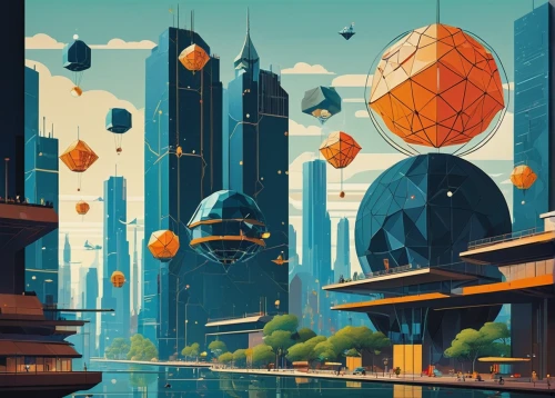 futuristic landscape,cityscape,metropolis,fantasy city,spheres,transistor,world digital painting,cities,globes,sci fiction illustration,digital nomads,city cities,shanghai,city blocks,colorful city,futuristic,metropolises,city scape,skyscrapers,financial world,Illustration,Vector,Vector 13