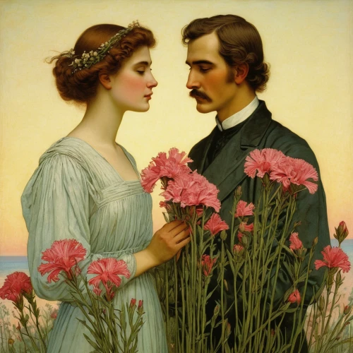 young couple,romantic portrait,holding flowers,flowers of the field,florists,courtship,la violetta,man and wife,sweet william,bouquets,romantic scene,as a couple,floral greeting,flowers field,picking flowers,way of the roses,flower arranging,man and woman,marguerite,idyll,Illustration,Retro,Retro 01