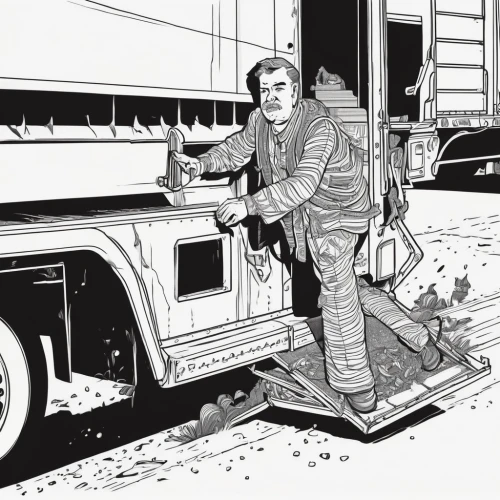truck driver,autotransport,cargo car,tradesman,transporter,illustration of a car,bus driver,trucker,vehicle handling,truck stop,garbage collector,waste collector,truck,vehicle service manual,travel trailer poster,long cargo truck,rubbish collector,m35 2½-ton cargo truck,professional transport,ford cargo,Illustration,Black and White,Black and White 21