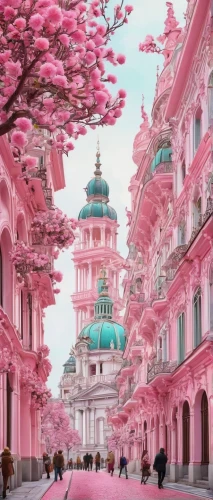 pink city,sakura trees,sakura tree,japanese sakura background,sakura background,sakura blossom,the cherry blossoms,marble palace,sakura blossoms,pink magnolia,hall of supreme harmony,takato cherry blossoms,magnolia trees,cherry blossom tree,fantasy city,temples,forbidden palace,sakura branch,asian architecture,pink paper,Conceptual Art,Fantasy,Fantasy 24