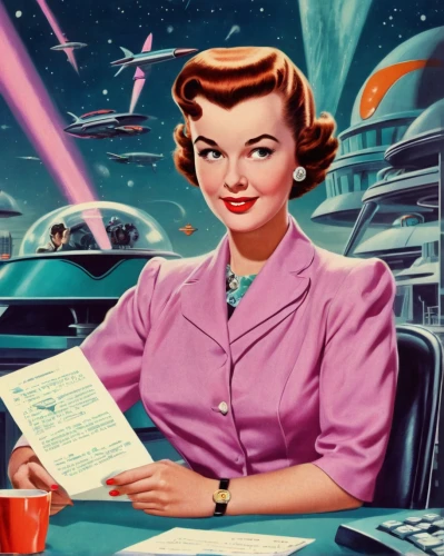 women in technology,atomic age,sci fiction illustration,retro 1950's clip art,retro women,edsel citation,neon human resources,edsel,science fiction,girl at the computer,night administrator,science-fiction,blonde woman reading a newspaper,typewriting,vintage illustration,switchboard operator,publish a book online,retro woman,women's novels,space tourism,Conceptual Art,Sci-Fi,Sci-Fi 29