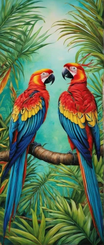 tropical birds,macaws,macaws of south america,couple macaw,macaws blue gold,blue macaws,parrot couple,parrots,toucans,colorful birds,bird painting,rare parrots,passerine parrots,rainbow lorikeets,birds on a branch,tropical animals,scarlet macaw,blue and yellow macaw,edible parrots,lorikeets,Illustration,Paper based,Paper Based 28