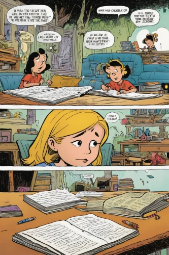 children studying,blonde sits and reads the newspaper,homeschooling,speech balloons,child's diary,comic speech bubbles,comic books,comics,tutoring,home schooling,speech bubbles,river pines,comic paper,pencils,eading with hands,piano lesson,library book,peanuts,elementary,comic book bubble,Illustration,Children,Children 02