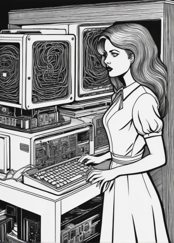 girl at the computer,women in technology,barebone computer,telephone operator,pinball,switchboard operator,the girl studies press,sewing pattern girls,jukebox,sci fiction illustration,girl in the kitchen,bitcoin mining,crypto mining,watchmaker,computer addiction,motherboard,cash register,clockmaker,microwave oven,computer,Illustration,Black and White,Black and White 18