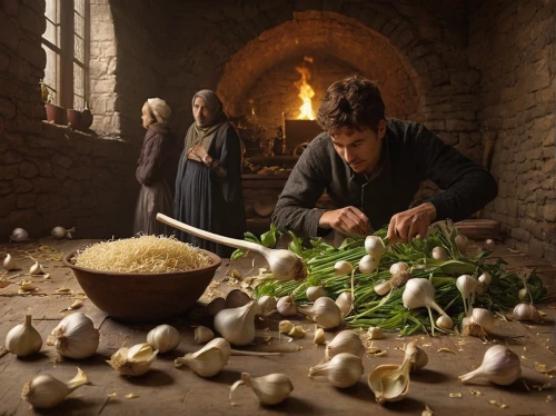 cultivated garlic,candlemaker,dwarf cookin,garlic bulbs,the production of the beer,garlic cloves,a clove of garlic,cloves of garlic,cookery,kings landing,garlic,cooking ingredients,whole grains,grana padano,hatmaking,medieval market,grains,game of thrones,cheesemaking,bouillon,Photography,Documentary Photography,Documentary Photography 10