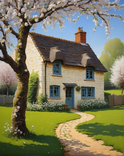 country cottage,home landscape,thatched cottage,cottage,summer cottage,blossoming apple tree,cherry tree,house painting,cherry blossom tree,cottage garden,almond tree,little house,lilac tree,country house,spring blossom,blossom tree,springtime background,farmhouse,small house,cottages,Illustration,American Style,American Style 12