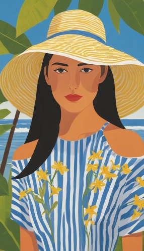 panama hat,straw hat,fashion vector,yellow sun hat,travel poster,sun hat,vector illustration,summer icons,bahama mom,ordinary sun hat,adobe illustrator,blue hawaii,travel woman,high sun hat,sunscreen,ko olina resort,aloha,summer clip art,hawaii,hula,Conceptual Art,Oil color,Oil Color 13