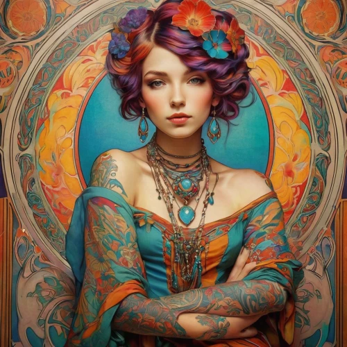 boho art,art nouveau,fantasy portrait,fantasy art,mystical portrait of a girl,mucha,oriental princess,art nouveau design,art deco woman,oriental girl,tattoo girl,transistor,vintage woman,gypsy soul,vintage girl,painted lady,psychedelic art,victorian lady,girl in a wreath,cleopatra,Illustration,Retro,Retro 03