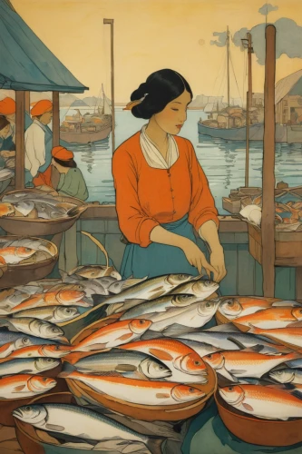 fish market,fishmonger,david bates,salted fish,fresh fish,sea foods,aquaculture,fish supply,oriental painting,sea food,forage fish,floating market,soused herring,fish farm,nabemono,commercial fishing,fishes,fish herring,fishermans wharf,sardines,Illustration,Retro,Retro 07