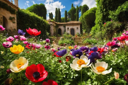 villa d'este,flower garden,gardens,provence,monastery garden,tuscany,splendor of flowers,giverny,flower borders,villa balbianello,secret garden of venus,villa cortine palace,provencal life,flower border,cottage garden,rose garden,garden flowers,the garden,floral border,tulips,Art,Classical Oil Painting,Classical Oil Painting 26