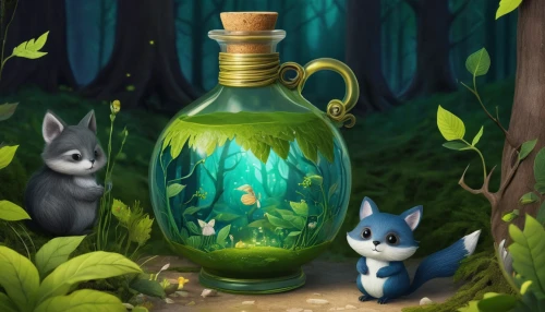 potions,fairy house,fairy forest,forest glade,terrarium,fairy lanterns,enchanted forest,poison bottle,bluebell,woodland animals,potion,fireflies,undergrowth,glade,fairytale forest,in the forest,elven forest,the bottle,wishing well,woodland,Illustration,Abstract Fantasy,Abstract Fantasy 03
