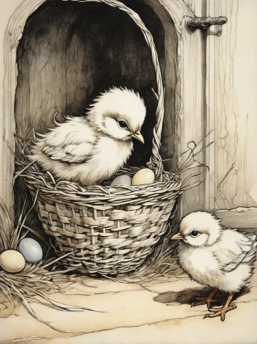 eggs in a basket,hatching chicks,easter nest,egg basket,hatching,nest easter,winter chickens,kate greenaway,painting eggs,spring nest,white eggs,fresh eggs,easter chick,chicks,chicken and eggs,goose eggs,baby chicks,painted eggs,easter rabbits,charcoal nest,Illustration,Retro,Retro 25