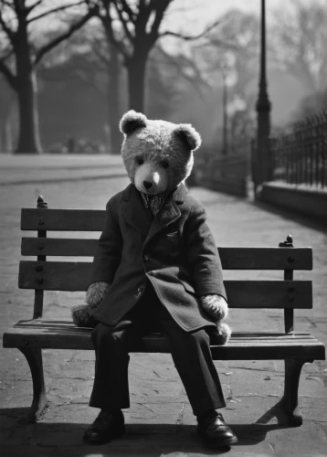 man on a bench,teddy bear waiting,teddy bear crying,lonely child,teddy-bear,loneliness,park bench,teddybear,lonliness,teddy bear,child in park,melancholy,bench,lonely,alone,to be alone,bear teddy,3d teddy,teddy,sit and wait,Photography,Black and white photography,Black and White Photography 11