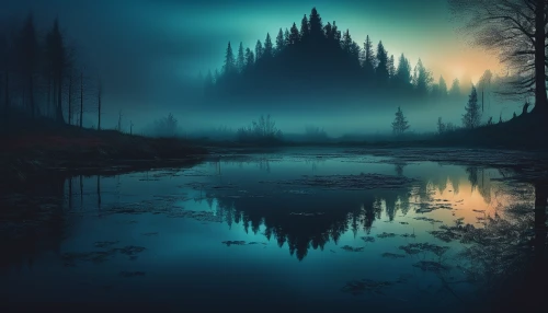 fantasy landscape,foggy forest,foggy landscape,forest landscape,landscape background,evening lake,fantasy picture,swampy landscape,forest dark,coniferous forest,forest background,boreal,river landscape,moonlit night,world digital painting,mirror water,underwater landscape,nature landscape,forest of dreams,nightscape,Illustration,Realistic Fantasy,Realistic Fantasy 45