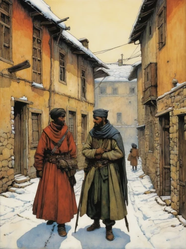 monks,pilgrims,nomads,dervishes,street scene,medieval street,hamelin,snow scene,italian painter,narrow street,toledo,cossacks,orientalism,balkans,khokhloma painting,mauriac,winter clothing,rustico,moorish,bethlehem,Illustration,Realistic Fantasy,Realistic Fantasy 06