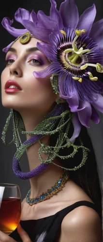 passionflower,passion flower tendrils,passion flower,headdress,grape seed extract,image manipulation,adornments,artificial hair integrations,creating perfume,feather headdress,grape seed oil,purple passion flower,purple passionflower,aromas,passion fruit,grape juice,purple thistle,jewelry florets,headpiece,wild wine,Photography,Fashion Photography,Fashion Photography 16