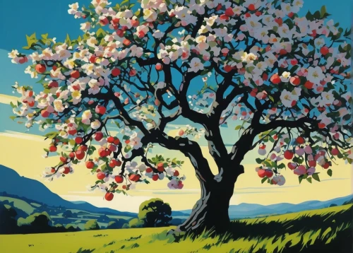 blossoming apple tree,apple tree,almond tree,apple trees,apple blossoms,cherry tree,still life of spring,fruit tree,almond trees,blossom tree,mirabelle tree,apple blossom,strawberry tree,apple tree blossom,apple mountain,almond blossom,magnolia tree,almond blossoms,cherry blossom tree,peach tree,Illustration,American Style,American Style 09