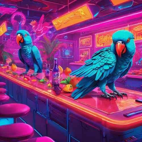 neon cocktails,neon drinks,retro diner,neon coffee,ufo interior,blue parrot,diner,neon ghosts,80s,unique bar,bird kingdom,parrots,colorful birds,3d crow,nightclub,bird bird kingdom,cyberpunk,80's design,cocktail,neon,Conceptual Art,Sci-Fi,Sci-Fi 27