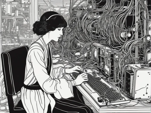 girl at the computer,telephone operator,switchboard operator,typewriting,women in technology,computer,typesetting,typing machine,computer art,computer addiction,man with a computer,transistor checking,computer system,computing,typewriter,computer freak,typing,barebone computer,computer room,hardware programmer,Illustration,Black and White,Black and White 24