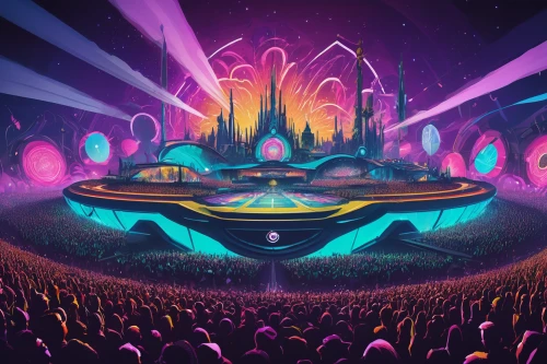 tomorrowland,panoramical,fantasy city,musical dome,cosmos field,fantasy world,epcot ball,futuristic landscape,space ship,fairy world,fantasia,spaceships,alien world,stage design,circus stage,spaceship space,3d fantasy,shanghai disney,life stage icon,sci fiction illustration,Illustration,Vector,Vector 08