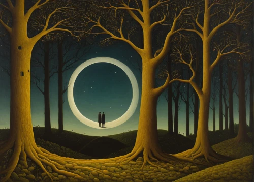 hanging moon,circle around tree,james handley,solar eclipse,moon phase,eclipse,equinox,surrealism,girl with tree,spring equinox,moonlit night,mirror of souls,golden ring,total eclipse,parallel worlds,crescent moon,circle,lee slattery,oil painting on canvas,andreas cross,Art,Artistic Painting,Artistic Painting 30