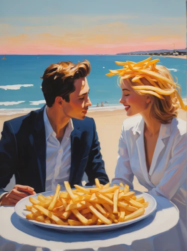 with french fries,fries,fish and chip,fish and chips,honeymoon,chicken and chips,oil painting on canvas,romantic portrait,french fries,dinner for two,romantic dinner,oil on canvas,fish chips,date,beach restaurant,oil painting,retro diner,modern pop art,fried food,young couple,Conceptual Art,Oil color,Oil Color 02