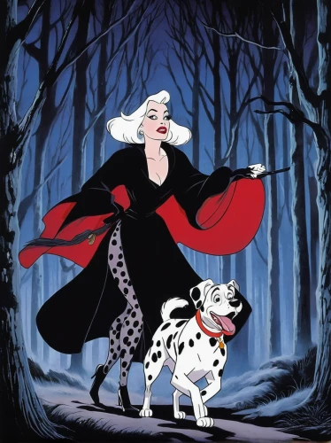 cruella de ville,cruella,the snow queen,red riding hood,queen of hearts,snow white,dalmatian,little red riding hood,rockabella,fairy tales,fairy tale character,fairytale characters,fairy tale,girl with dog,a fairy tale,costume design,ann margarett-hollywood,fairytales,halloween poster,transylvanian hound,Illustration,Children,Children 01