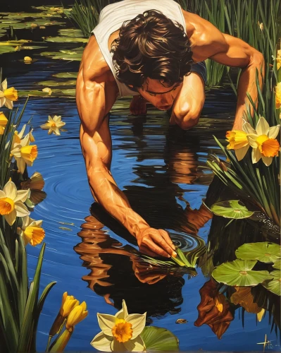 narcissus,narcissus of the poets,oil painting on canvas,oil painting,daffodils,water lilies,oil on canvas,narcissus pseudonarcissus,yellow iris,the man in the water,lilly pond,swamp iris,swimmer,pond flower,jonquils,steve medlin,water lilly,girl picking flowers,lotus with hands,lily pond,Conceptual Art,Fantasy,Fantasy 16